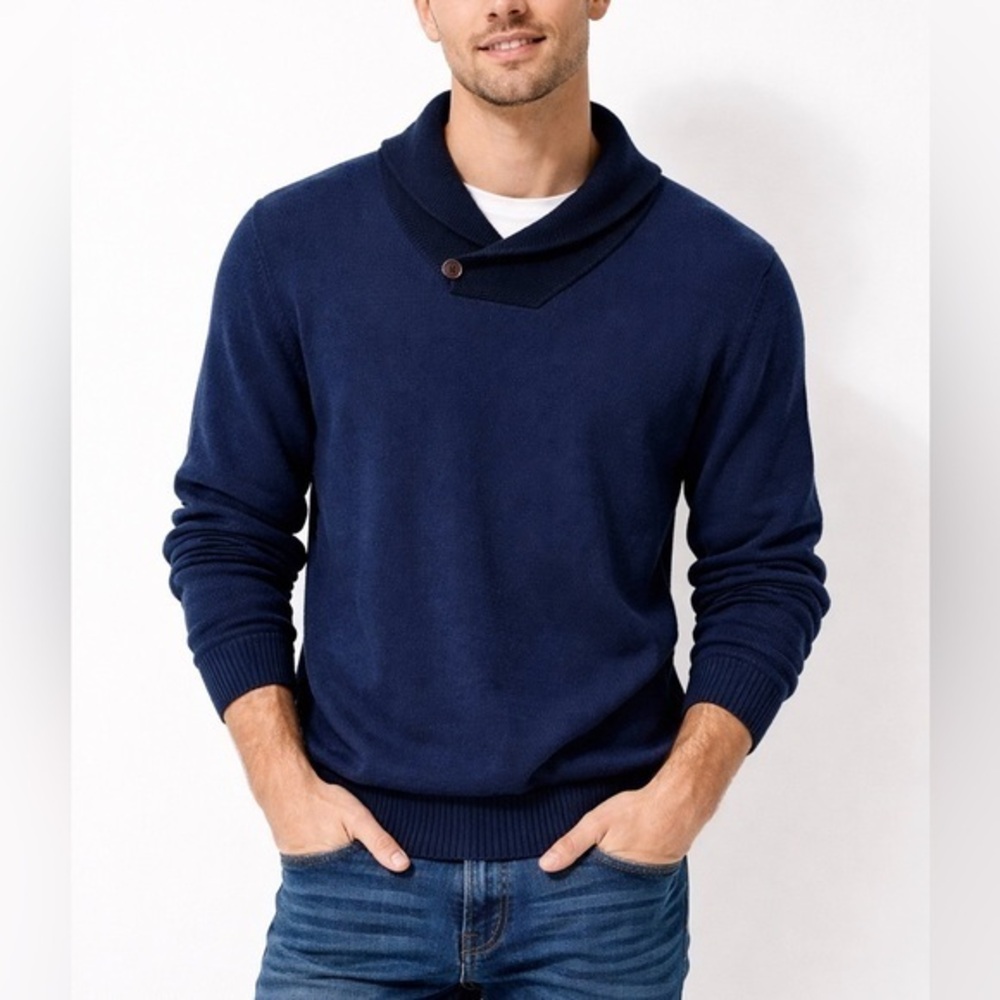 Oak Hill Men’s 2X Tall Navy Blue Shawl 100% Cotton Pullover Sweater Rustic Prep